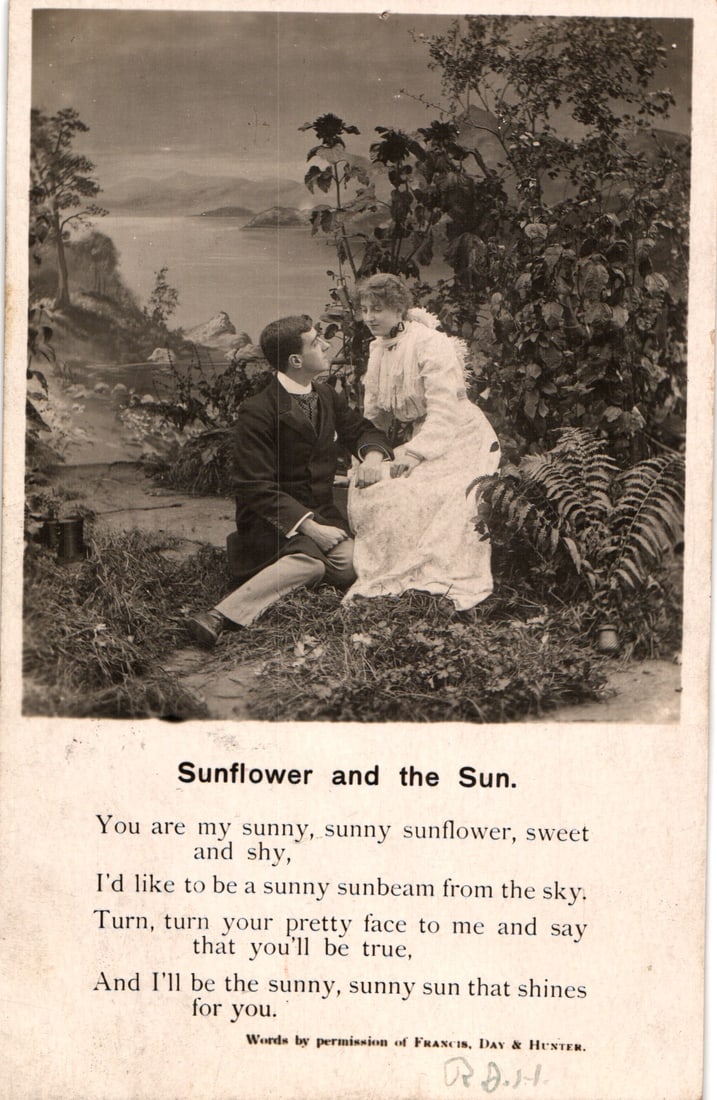 Postcard showing an Edwardian romantic couple in a garden with the 'Sunflower and the Sun' poem.: Please view photos for further description and condition considerations. Please know the scans may be darker or lighter than the actual item's true appearance. ACME Auctions offers FREE DOMESTIC SHIPP