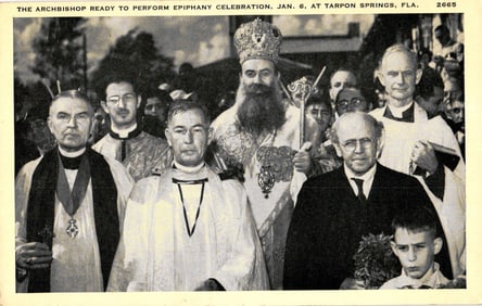 Postcard of the Archbishop and clergy ready to perform the Epiphany Celebration, Tarpon Springs, FL.