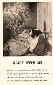 Bamforth's Life Model Series postcard showing a deathbed scene with angels and the hymn Abide With
