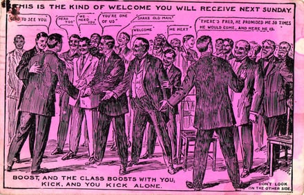 Comic postcard invitation to the Young Men's Baraca Class at a Baptist Church in Oswego, NY 1913.
