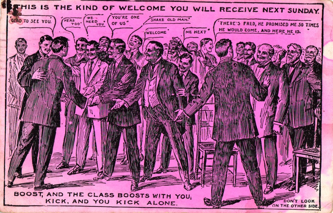Comic postcard invitation to the Young Men's Baraca Class at a Baptist Church in Oswego, NY 1913.: Please view photos for further description and condition considerations. Please know the scans may be darker or lighter than the actual item's true appearance. ACME Auctions offers FREE DOMESTIC SHIPP