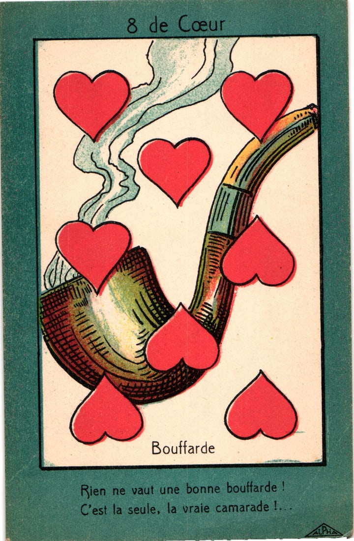 French Postcard 8 of Hearts Playing Card with Smoking Pipe Bouffarde by Em. Brocherioux, c. 1911: Please view photos for further description and condition considerations. Please know the scans may be darker or lighter than the actual item's true appearance. ACME Auctions offers FREE DOMESTIC SHIPP