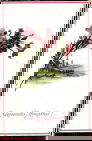 German postcard with "Gesegnetes Pfingstfest!" greeting for Pentecost, showing carnations, posted