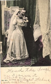 Postcard showing a playful Edwardian era wedding scene with groom offering flower to his bride c.