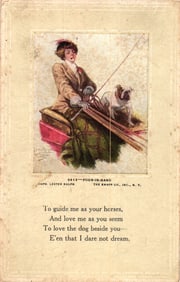 Postcard of an Edwardian woman driving a four-in-hand carriage with a bulldog by Lester Ralph c.