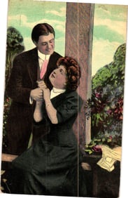 Postcard showing a dapper Edwardian man and a lovely woman sharing a romantic moment in a garden.