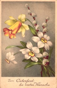 German Easter greeting postcard showing daffodils, orchids & pussy willows. Zum Osterfest c. 1910s