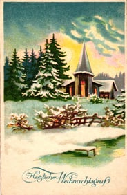 German Christmas postcard showing a lovely snowy church scene with pine trees at sunset, early