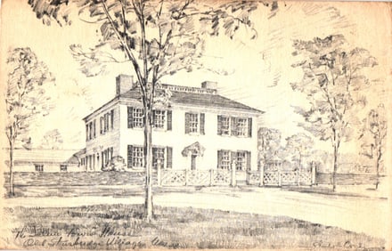Postcard sketch by Radcliffe Cord of The Salem Towne House in Old Sturbridge Village, Massachusetts