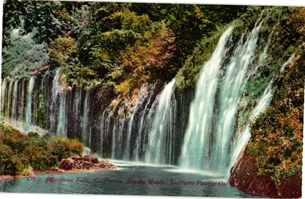 Postcard view of the scenic Mossbrae Falls on the Shasta Route of the Southern Pacific Co.,