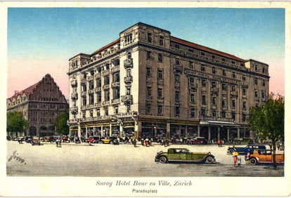 Postcard showing the Savoy Hotel Baur en Ville on Paradeplatz in Zürich, Switzerland, circa 1930s