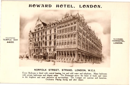Postcard showing the grand Howard Hotel on Norfolk Street, Strand, London, England, circa 1910s.