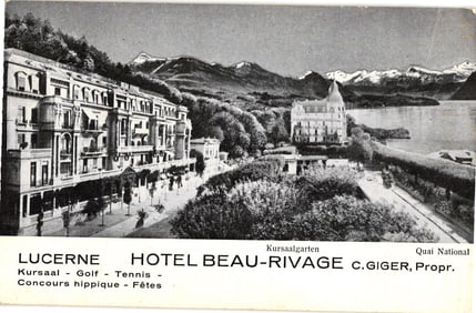 Postcard showing Lucerne's Hotel Beau-Rivage on Quai National with Alps and Kursaal-garten c. 1910s