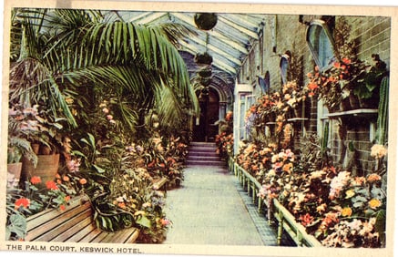 Postcard showing the lush Palm Court conservatory at the Keswick Hotel in the Lake District,