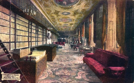 Postcard showing the magnificent long Library at Chatsworth House, Derbyshire, England. ca 1900s.