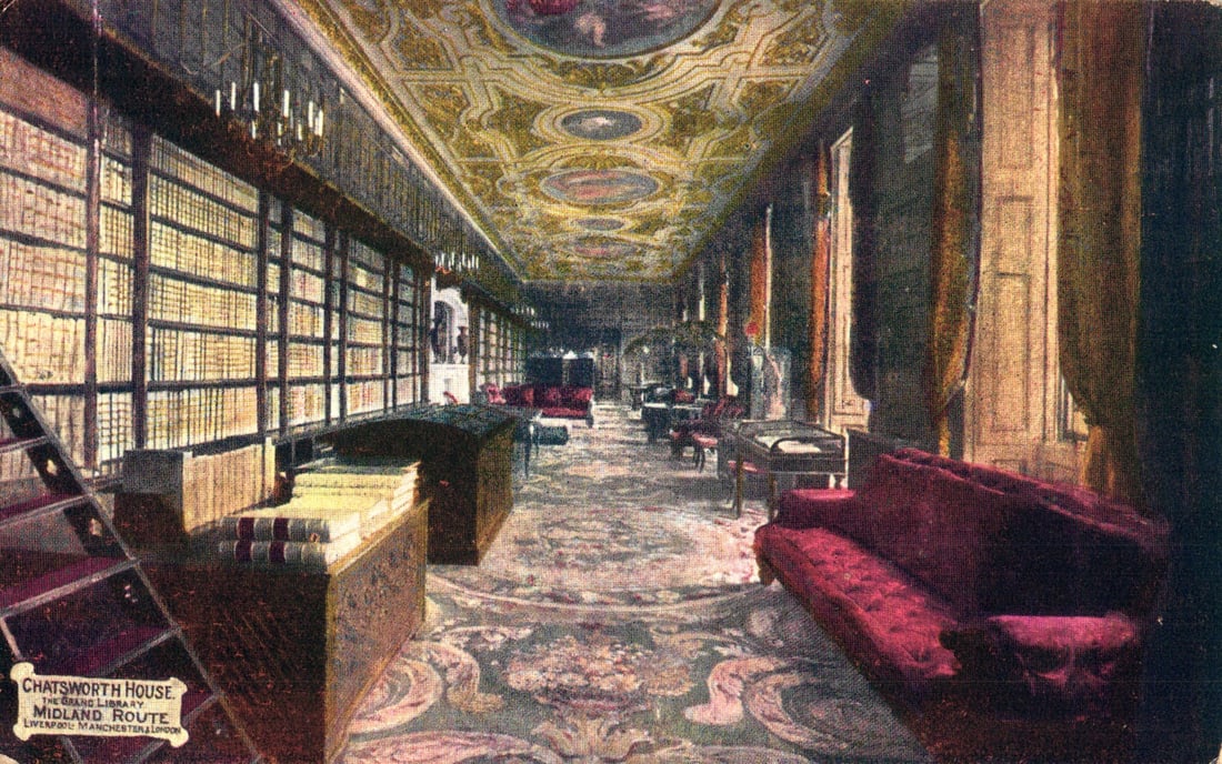 Postcard showing the magnificent long Library at Chatsworth House, Derbyshire, England. ca 1900s.: Please view photos for further description and condition considerations. Please know the scans may be darker or lighter than the actual item's true appearance. ACME Auctions offers FREE DOMESTIC SHIPP