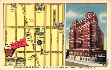 Linen postcard showing the William Sloane House Y.M.C.A. with a detailed street map, New York, NY.