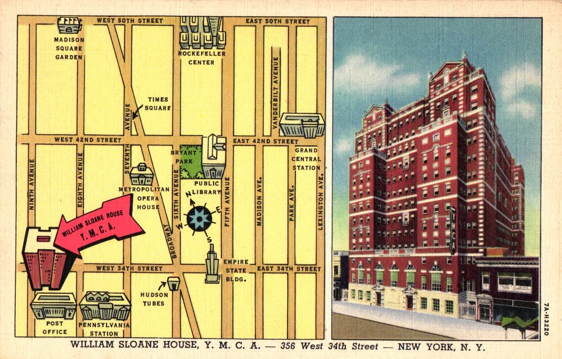 Linen postcard showing the William Sloane House Y.M.C.A. with a detailed street map, New York, NY. (1 of 2)