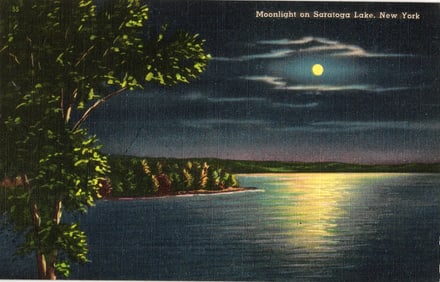 Postcard showing a scenic nighttime view of Moonlight on Saratoga Lake, New York in the Adirondacks.