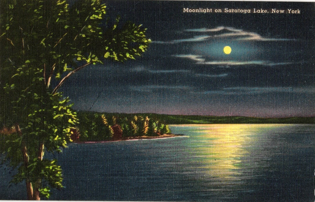 Postcard showing a scenic nighttime view of Moonlight on Saratoga Lake, New York in the Adirondacks. (1 of 2)