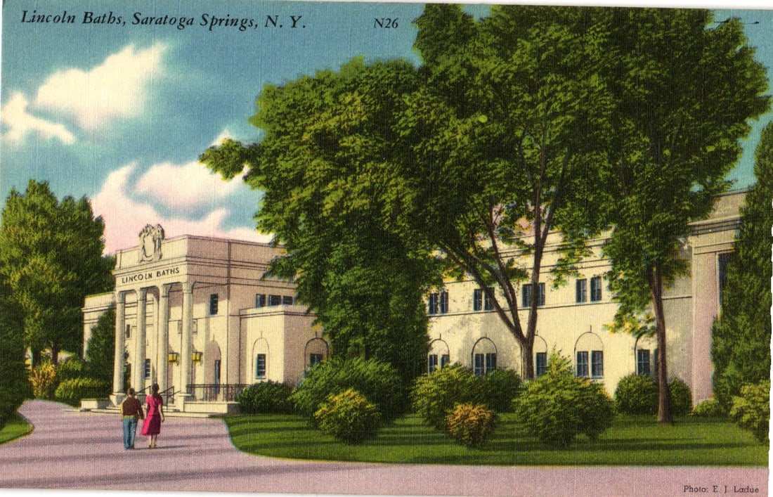 Postcard view of the Lincoln Baths, the world famous New York State owned Reservation, Saratoga: Please view photos for further description and condition considerations. Please know the scans may be darker or lighter than the actual item's true appearance. ACME Auctions offers FREE DOMESTIC SHIPP