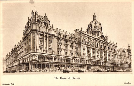 Sepia postcard showing the magnificent facade of The House of Harrods in London, England, c. 1920s