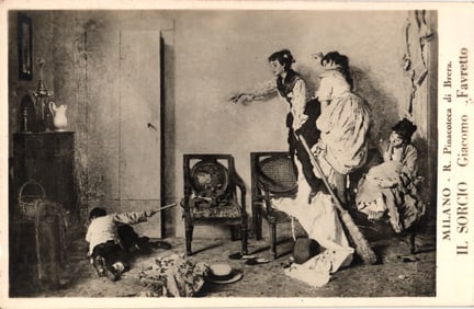 Postcard featuring Giacomo Favretto's 1878 painting "Il Sorcio" (The Mouse) in Milan, Italy