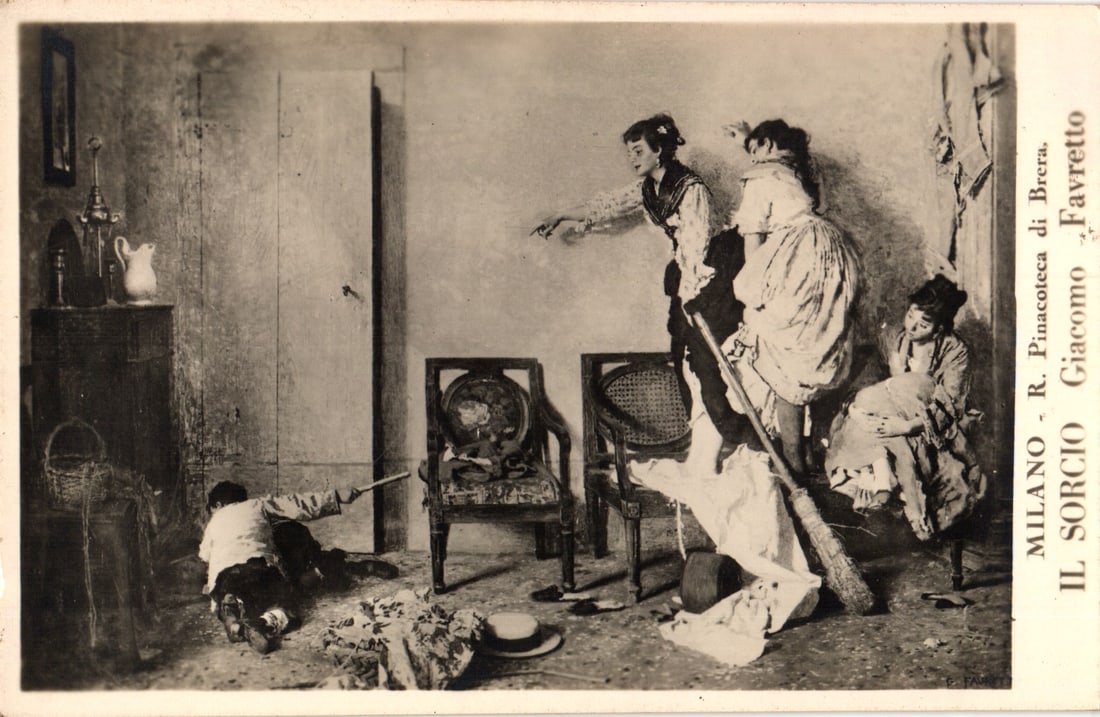 Postcard featuring Giacomo Favretto's 1878 painting "Il Sorcio" (The Mouse) in Milan, Italy: Please view photos for further description and condition considerations. Please know the scans may be darker or lighter than the actual item's true appearance. ACME Auctions offers FREE DOMESTIC SHIPP