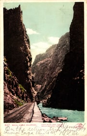 Postcard of the steep canyon walls and railroad tracks in Royal Gorge, Colorado, posted in 1906