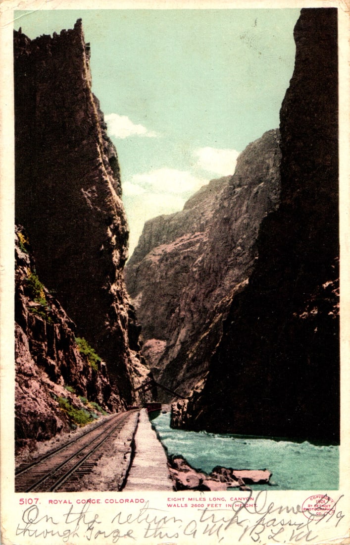 Postcard of the steep canyon walls and railroad tracks in Royal Gorge, Colorado, posted in 1906: Please view photos for further description and condition considerations. Please know the scans may be darker or lighter than the actual item's true appearance. ACME Auctions offers FREE DOMESTIC SHIPP