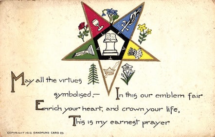 Early 1910s postcard of the Masonic Order of the Eastern Star emblem with prayer, Sandford Card Co.
