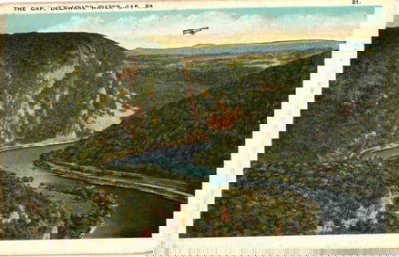 Postcard of Delaware Water Gap, PA showing Mounts Minsi & Tammany with a biplane, circa 1910s.