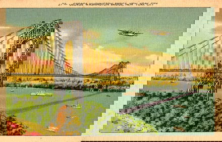 Linen postcard of the George Washington Bridge over the Hudson River with boats and an airplane, NYC