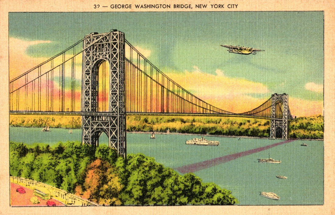 Linen postcard of the George Washington Bridge over the Hudson River with boats and an airplane, NYC (1 of 2)