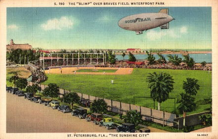 Postcard showing the Goodyear Blimp over Braves Field, Waterfront Park, St. Petersburg, Florida