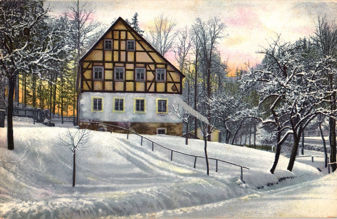 Postcard showing a snowy winter landscape with a half-timbered house, posted from Catskill, NY 1907 (1 of 2)