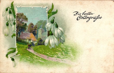 German Easter Greetings Postcard with a Charming Cottage Scene Framed by White Snowdrop Flowers c.