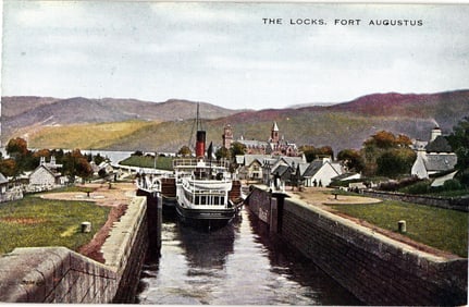 Postcard view of the Paddle Steamer Chevalier Glasgow passing through the locks at Fort Augustus.