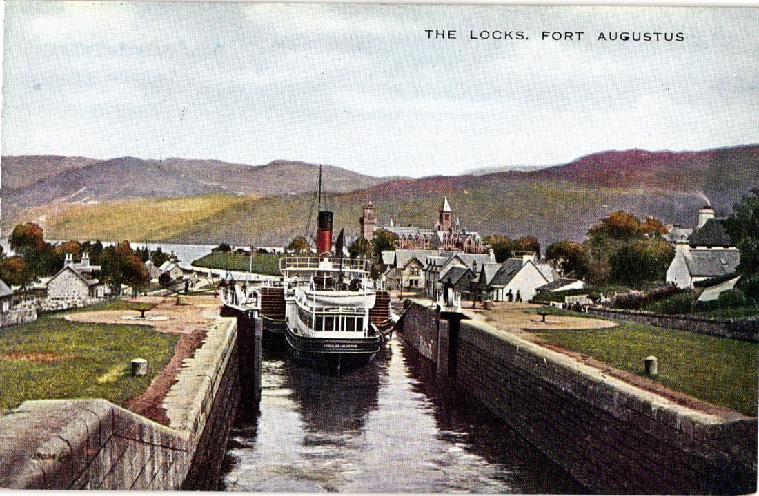 Postcard view of the Paddle Steamer Chevalier Glasgow passing through the locks at Fort Augustus.: Please view photos for further description and condition considerations. Please know the scans may be darker or lighter than the actual item's true appearance. ACME Auctions offers FREE DOMESTIC SHIPP