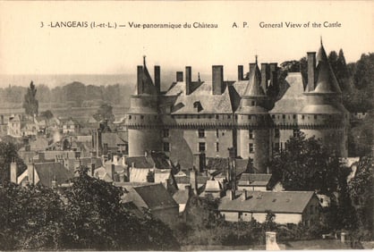Postcard showing a panoramic general view of the Château de Langeais castle in France. Early 1900s.