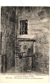 Postcard of the dungeon of Barbès, a political prisoner in 1842, at the Abbey of Mont-Saint-Michel