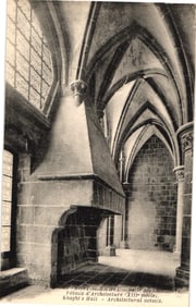 Postcard of Mont-Saint-Michel's Knight's Hall, showcasing 13th-century Gothic architectural details.