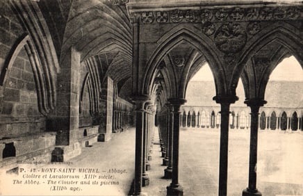 Postcard view of the 13th Century Gothic Cloister and Lavatorium at Mont-Saint-Michel Abbey, France.