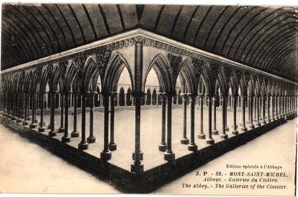 Postcard of the magnificent Galleries of the Cloister at Mont-Saint-Michel Abbey, France c. 1910s.