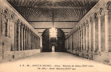 Postcard showing the long vaulted hall of the 13th-century Monks' Refectory in the Mont-Saint-Michel