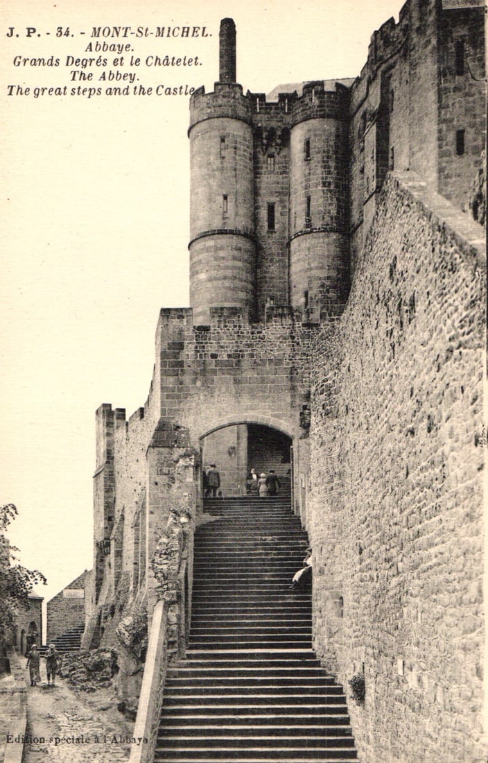 Postcard showing the Great Steps and the Châtelet entrance to the Abbey in Mont-Saint-Michel,: Please view photos for further description and condition considerations. Please know the scans may be darker or lighter than the actual item's true appearance. ACME Auctions offers FREE DOMESTIC SHIPP