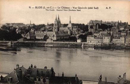 Postcard showing the General Southern View of the Château de Blois across the Loire River, France.