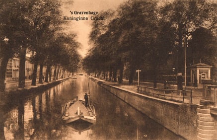 Postcard of the Koninginnegracht Canal with a boat in 's Gravenhage, The Hague, Netherlands c. 1911