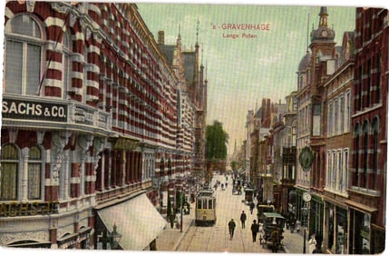 Postcard of Lange Poten street in 's-Gravenhage, The Hague with tram and Sachs & Co., circa 1907