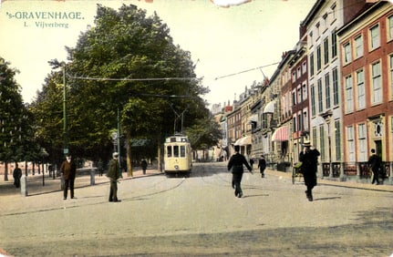 Colorized postcard view of the L. Vijverberg street with a tram in 's-Gravenhage, The Hague c.